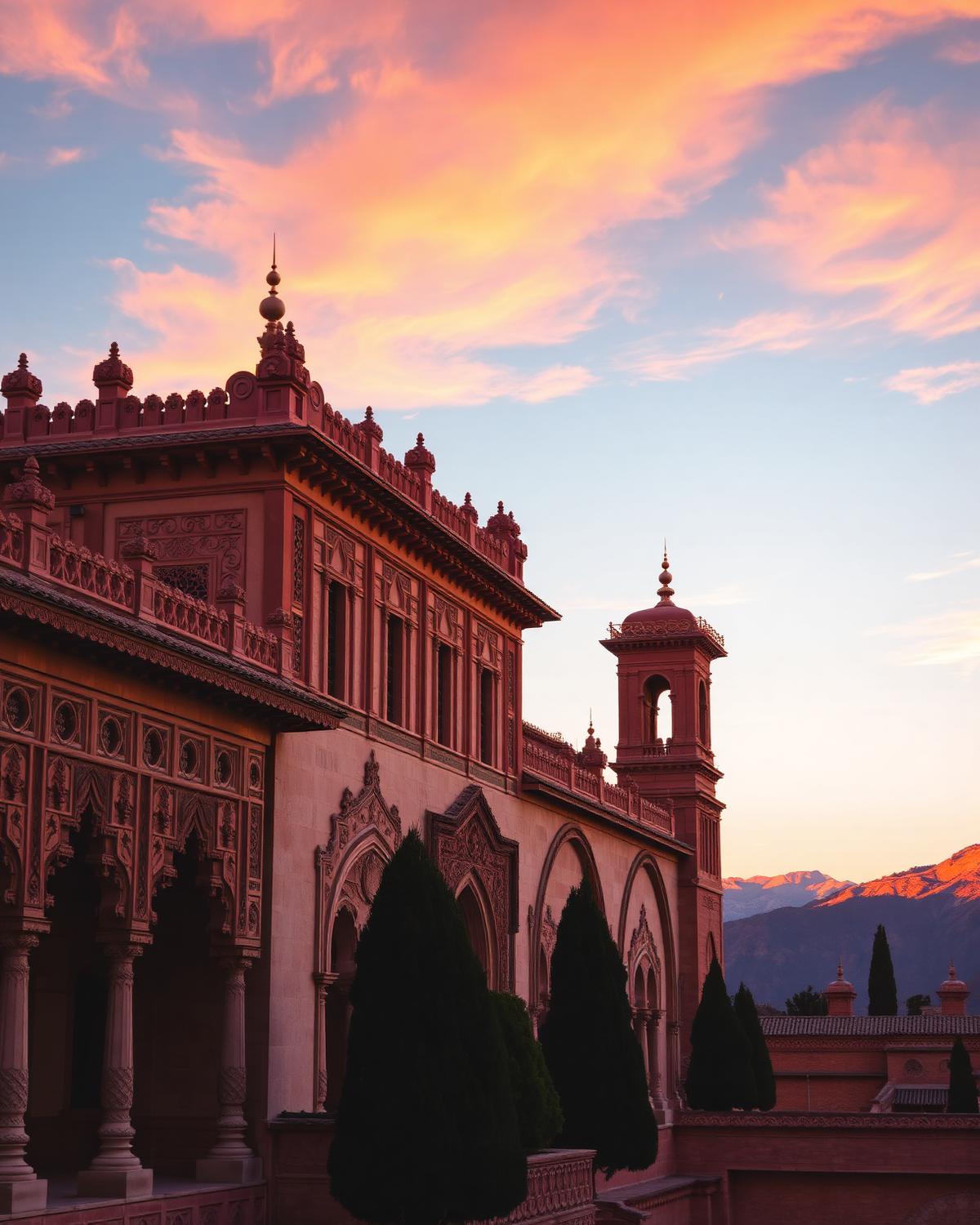 Palácio de Alhambra em Granada ao entardecer com céu rosado sobre a Sierra Nevada