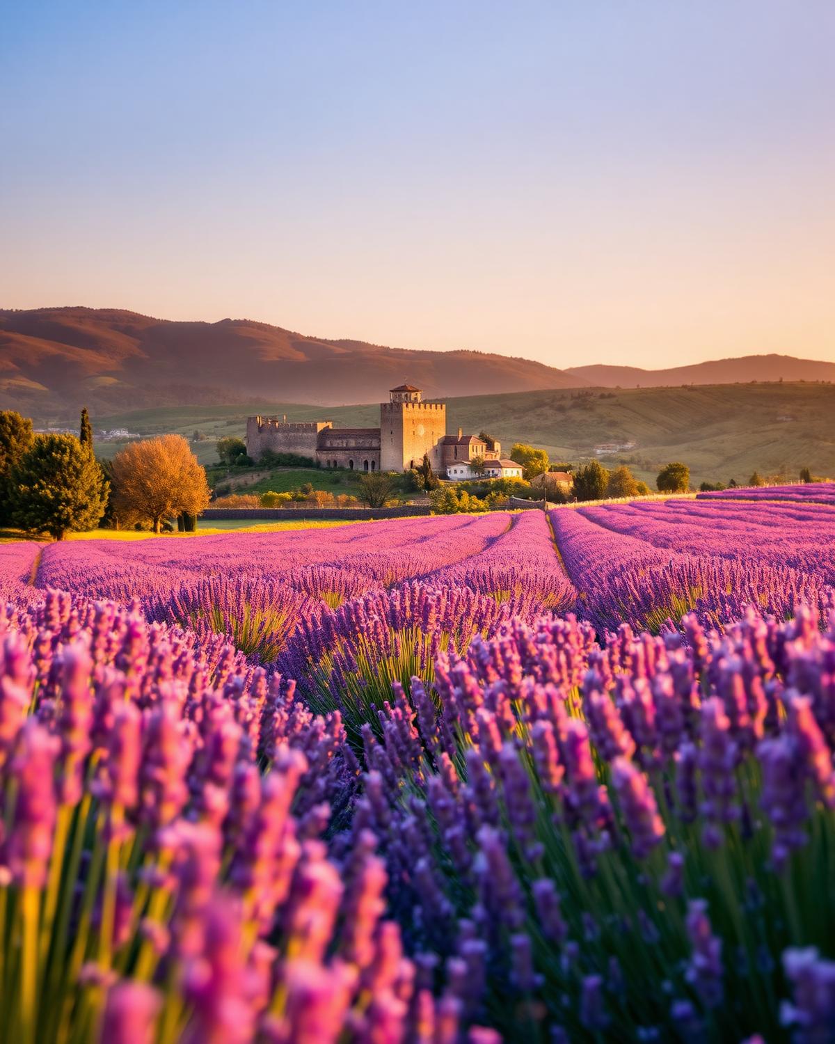 Campos de lavanda da Provença com vilarejo medieval de pedra ao horizonte