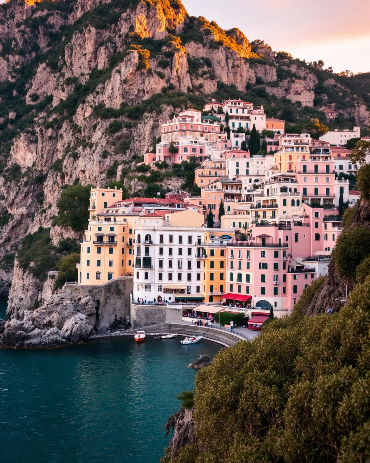 Vilarejo de Positano na Costa Amalfitana com casas em tons pastel ao crepúsculo
