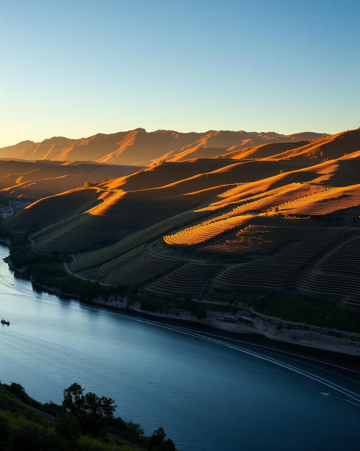 Vinhas em terraço do Vale do Douro ao pôr do sol refletindo no rio