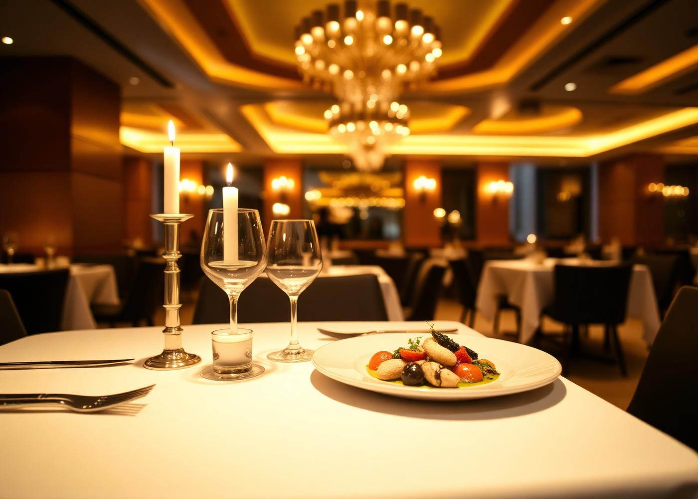 Mesa íntima de restaurante estrelado com prato gourmet sob luz dourada de candelabro