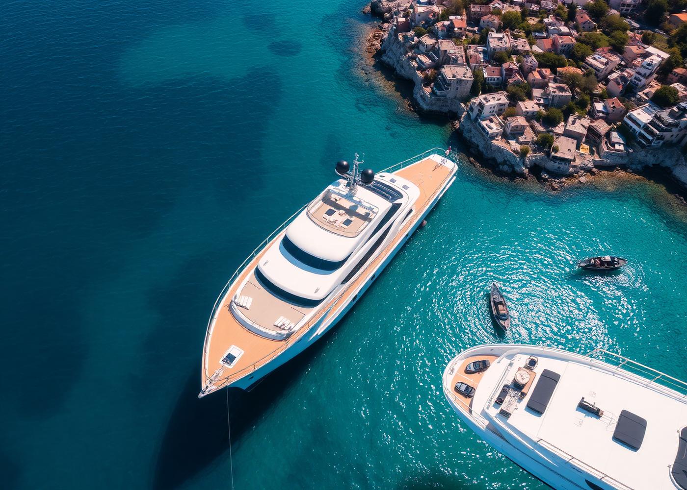Iate de luxo ancorado em enseada mediterrânea com águas cristalinas turquesa